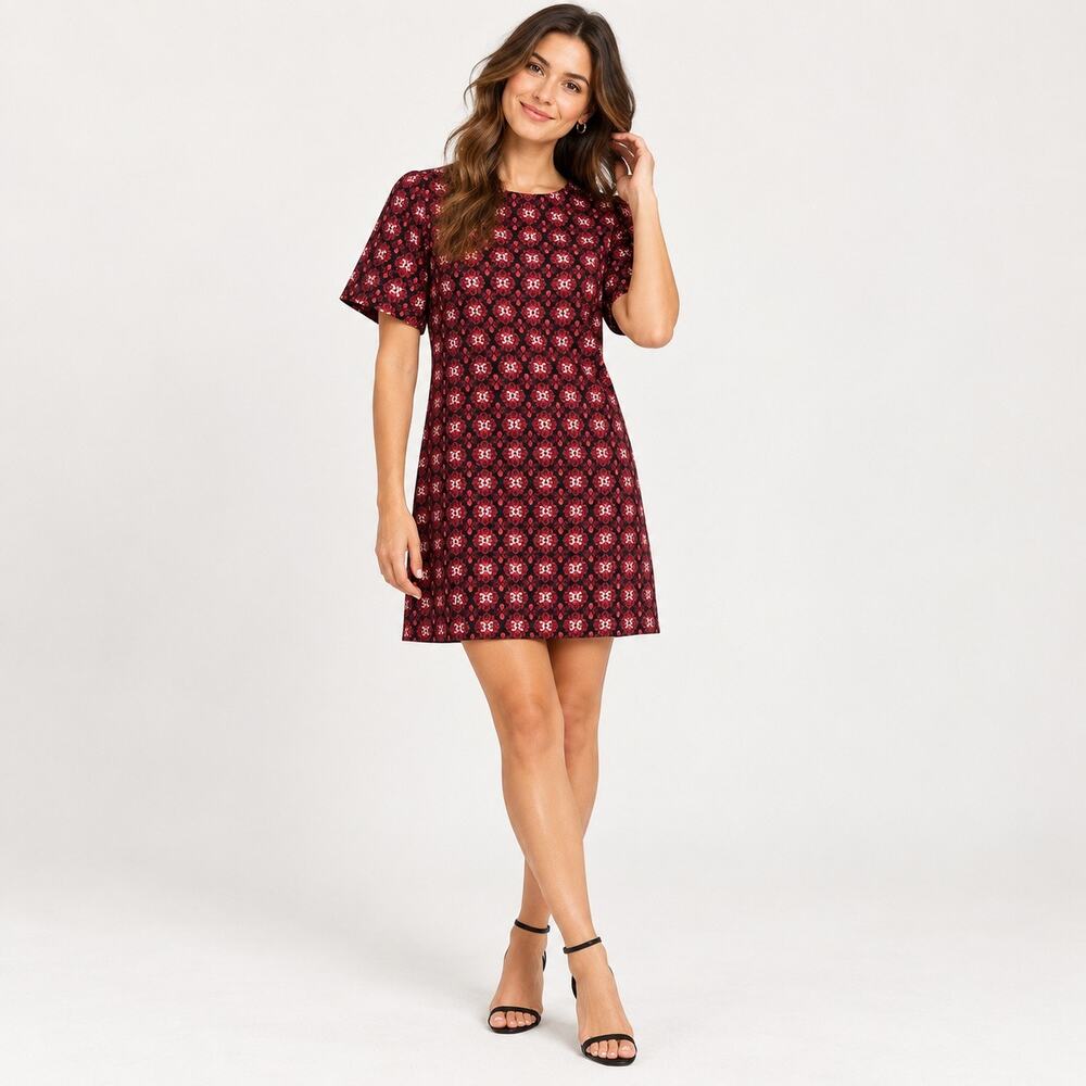 LOFT Red Black Floral A-Line Shift Dress Short Sleeve Size Medium